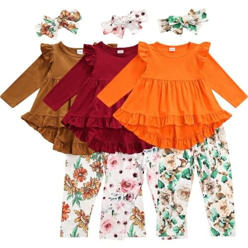 1-6Y Fashion Toddler Baby Girls Clothes Sets Solid Color Long Sleeve Pullover Tops Flower Printed Pants Bow Headband 3pcs
