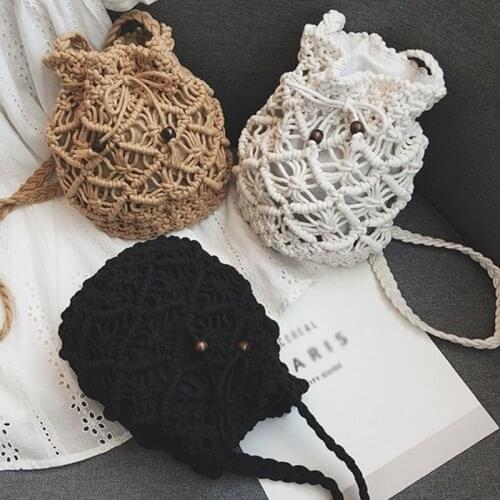 Fashion Hollow Out Handmade Wallet Straw Bucket Vintage Lady Beach Bag Weaving Wallet Purses