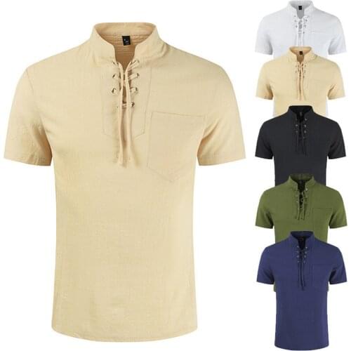 Mens Fashion Hippie Linen Tops Soldi Casual Short Sleeve Summer Beach Loose Tee Otps Solid Color T Shirts 2021