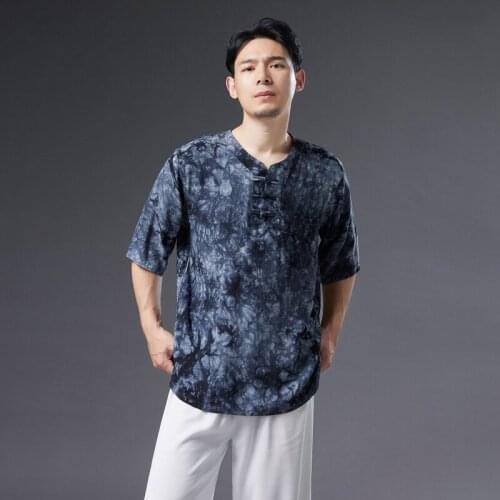 Summer 2021 New Slub Cotton Linen Scratch-Dyed Three-Button Short-Sleeved Chinese Style Casual Men Blue Printed Loose T-Shirt