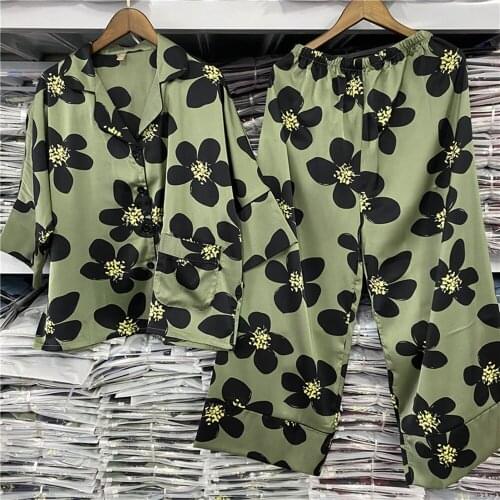 Fdfklak Autumn New Silk Long-Sleeved Trousers Big Flower Print Home Service Korean Pyjama Female Homewear 2PCS Sleepwear