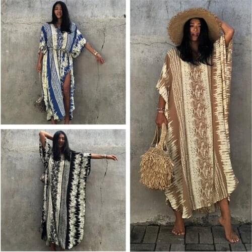 Cover-ups 2021 Beach Print Swimsuit Cover Up Beach Robe Femmal Long Dress Sarong Dress Beachwear Autumn Casual Dresses