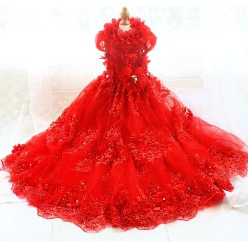 Handmade Dog Clothes Bright Red 3D Embroidered Flowers Wedding Dress Trailing Gown Pearl Collar Maltese Yorkie Drop Shipping