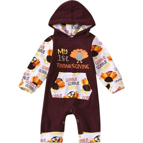 Autumn Baby Girl Boy Long Sleeve Thanksgiving Cartoon Letter Turkey Print Hoodie Rompers