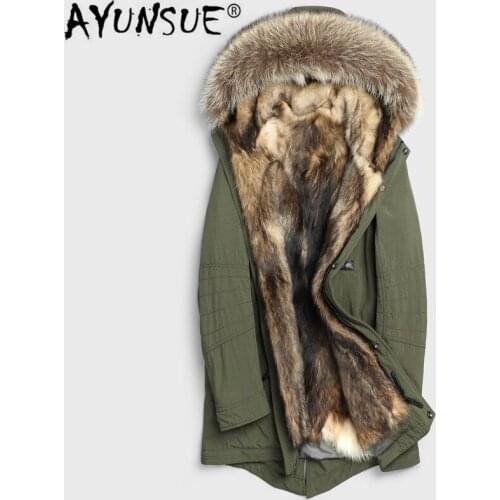 AYUNSUE Real Fur Coat Men Parka Wolf Fur Liner Long Winter Jacket Men Raccoon Fur Collar Warm Parkas Hombre 2020 P-12-15002
