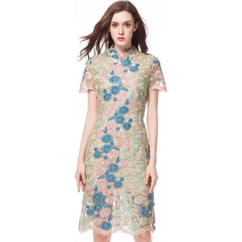 Chinese Style Summer Womens Female Short Sleeve Embroidery Lace Colored Cheongsam Dress , Slim 4xl 5xl Dresses for Women