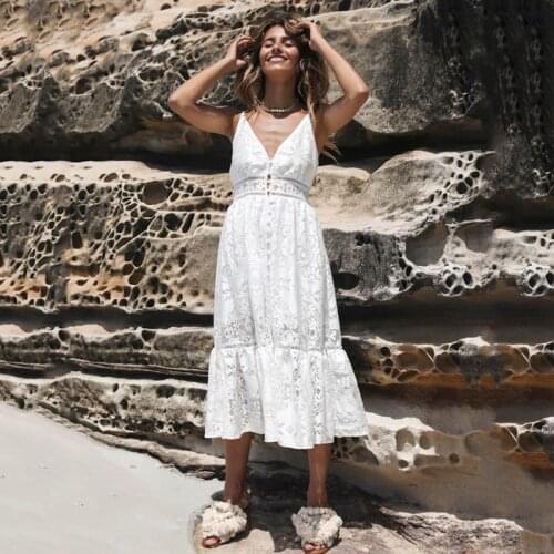 V Neck Sexy Lace Summer Dress Women Strap Button Casual White Dress Female Streetwear Backless Midi Dress Vestidos