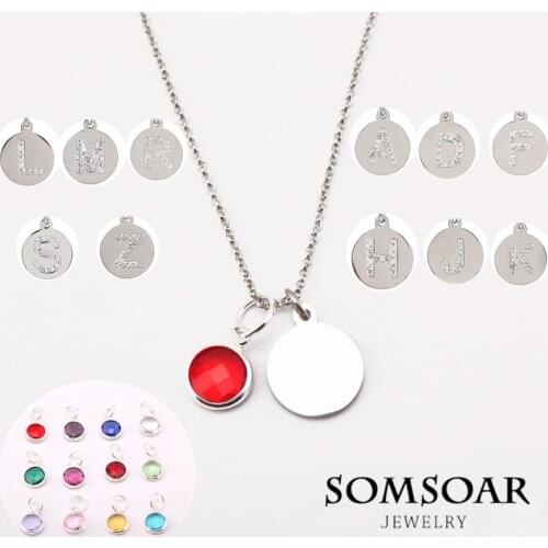 Top Fashion Stainless Steel Initial Letter Silvering Pendant with 12 color Birthstone Crystal Dangles Plus 45cm Link Chain