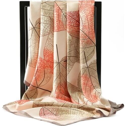 Silk Scarves Women leaf Print Foulard Satin Square Head Hijab Scarf Ladies Luxury Brand Shawls 90cm Bandana female muffler