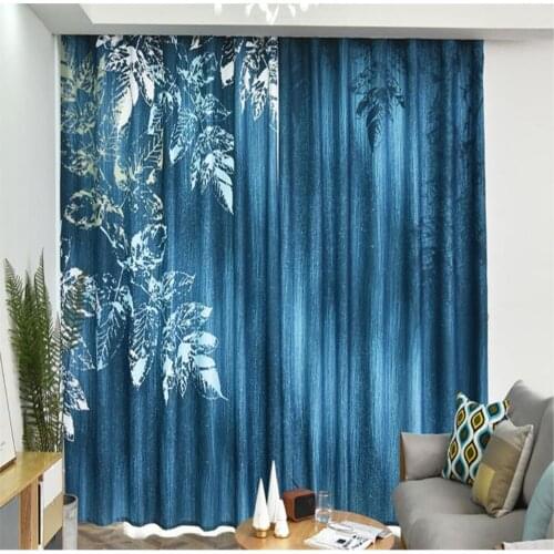 Blue leaf modern minimalist printing curtains new custom bedroom study bay window blackout curtains