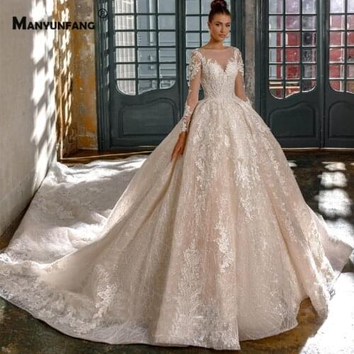 Hihg-End O-Neck Full Sleeve Embroidery Appliques Tulle Bridal Ball Gown 2021 Hot Sale Cathedral Train Lace Up Wedding Dress
