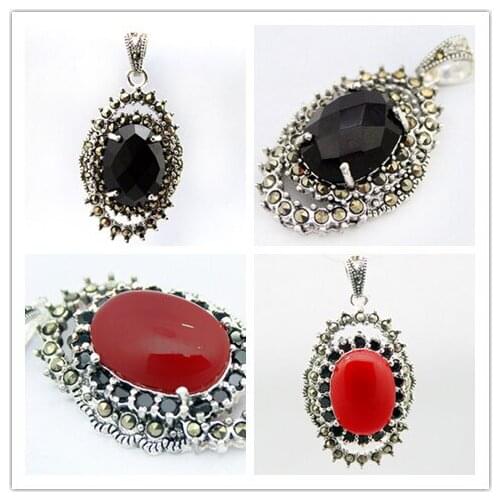 VINTAGE Tibetan Silver FACETED 2 COLORS BLACK/RED Stone MARCASITE PENDANT 30x20MM