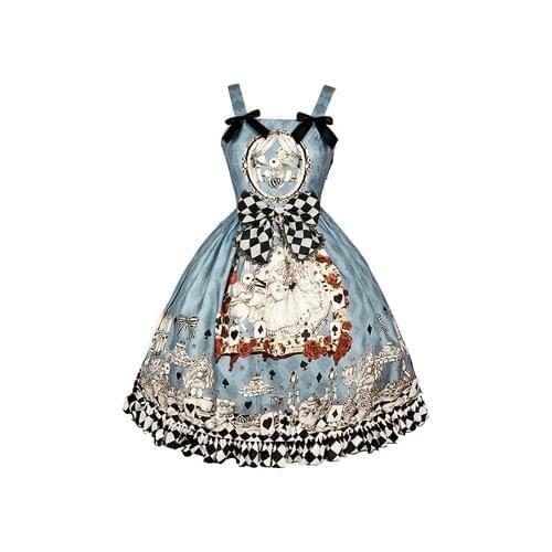 Gothic Harajuku Vintage Blue Bow Printing Stitching Chiffon Dress Girl Fashion Lolita Temperament Gorgeous Sweet Kawaii Dress