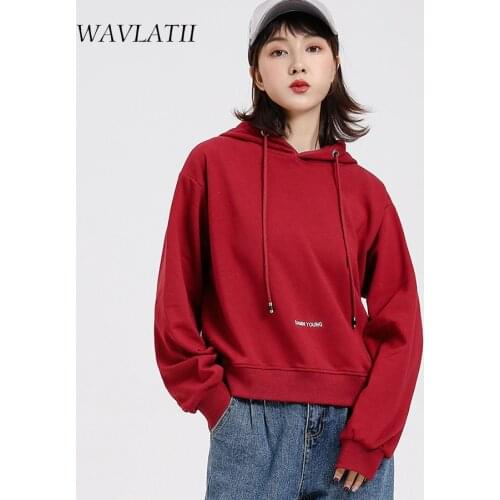 WAVLATII Women New Short Style Hoodies Lady Yellow Khaki Embroidery Terry Hooded Sweatshirts Female Spring Autumn Tops WH2108