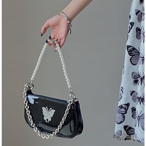 Patent Leather Women Shoulder Bag Fashion Ladies Butterfly Baguette Handbag Pearl Chain Female Underarm Bag Purse Crossbody Bag