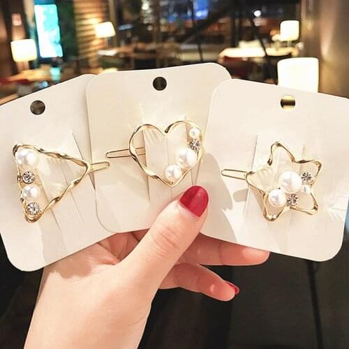 Geometric Imitation Pearl Hair Clip Fashion Crystal Rhinestones Hairpin Heart Triangle Women Hair Clips Hair Accessories Gifts