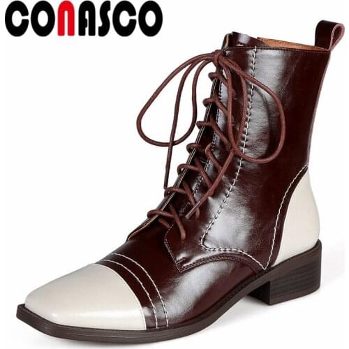 CONASCO Fashion Punk Women Ankle Boots Autumn Winter Warm Cow Leather Causal Basic Prom Office Lady Boots Motorcycle Shoes Woman