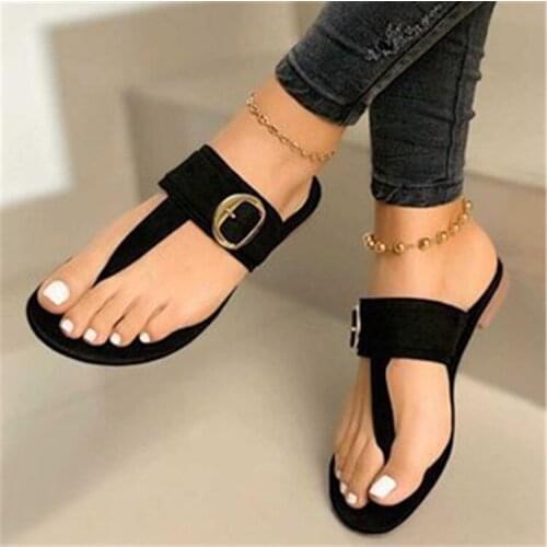 2021 European and American new womens summer flat feet flip flops flat large size womens sandals buckle slippers