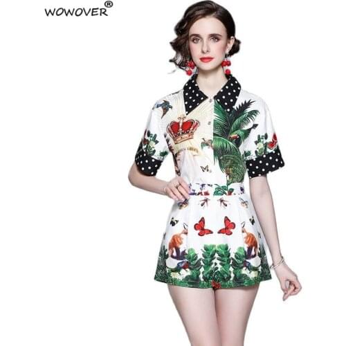 Summer Runway Suit for Women 2021 New Fashion Turn Down Collar Print Shirt+Shorts 2 Piece Matching Set Casual Office Lady Outfit