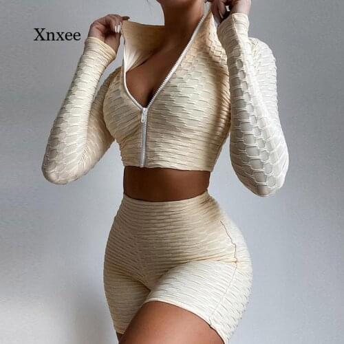 Women Tracksuit Crop Tops Female Sports Suit Solid Running Sets Zipper Stand Collar Long Sleeve High Waist Shorts Outfits