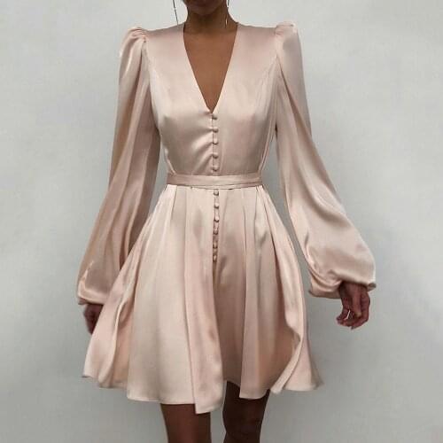 Spring Fashion 2021Elegant Women Satin Solid Long Sleeve Dress Button A-Line Mini Dress Casual Loose V-Neck Party Dress Vestido