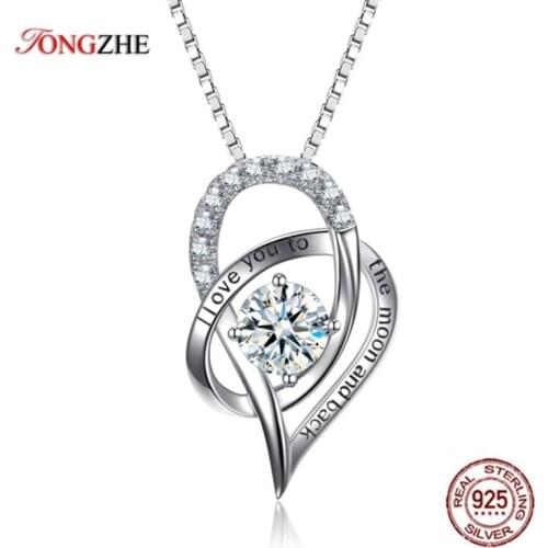 TONGZHE I Love You To Moon And Back Necklace 925 Silver Sterling Jewelry CZ Love Heart Pendant Necklace for Women 26*16mm