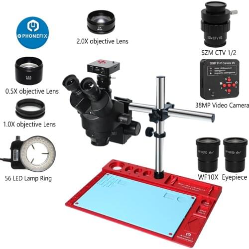 38MP 2K 1080P HDMI USB Video Camera 3.5X-90X Simul Focal Trinocular Stereo Microscope LED Lighting For iPhone Repair Soldering