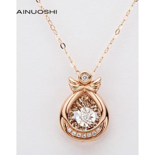 AINUOSHI Hard Gold Craft 18K Rose 0.058ct Real Diamond Angel Wings Dancing Vintage Pendant Necklace For Women Charm Jewelry 18