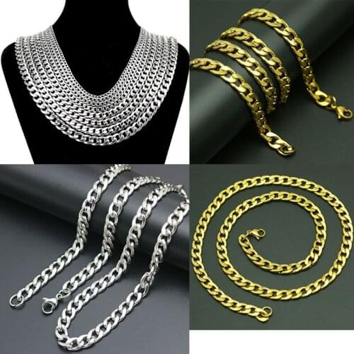 Silver Gold Link Curb Chain Mens Titanium Stainlee Steel Figaro Flat O Link Chain,3-9MM Wide Big Necklaces women Wholesale