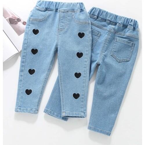 IENENS 2-6Y Kids Jeans Girls Denim Pants Light Color Love Jeans Spring Girl Long Pants Slim Bottoms Children Clothing