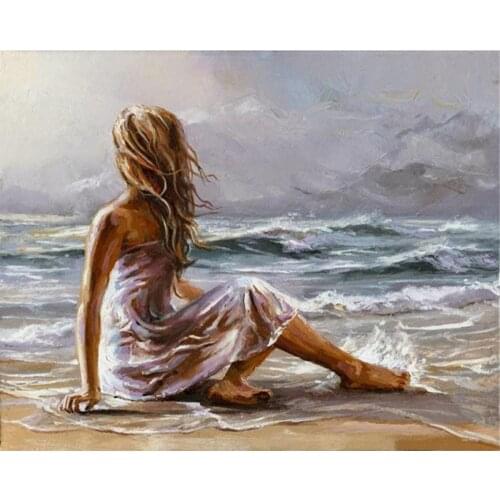 Woman Sea Printed Water-Soluble Canvas 11CT Cross-Stitch Embroidery Complete Kit DMC Threads Sewing Hobby work Craft Room