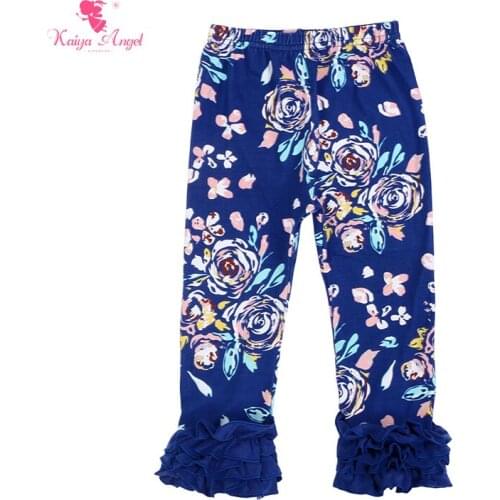 Kaiya Angel Girl Pants Autumn Girls Clothes Girls Leggings Toddler Leggings Royal Blue Cotton Floral Print Leggings Pants Ruffle