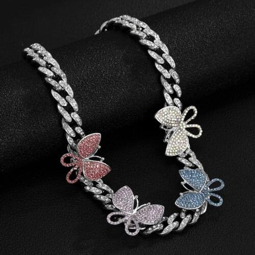 KunJoe Hip Hop Iced Out Butterfly Pendant Cuban Chain Necklace For Women Rhinestones Choker Bling Rapper Necklace Punk Jewelry