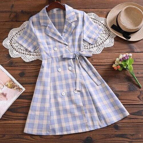 Summer new mori girl vestidos japan style long sleeve short sleeve notched plaid dress