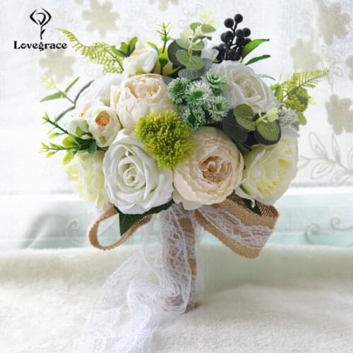 Lovegrace Artificial Flowers Roses Peony Silk Wedding Bouquet Homme Mariage Party Bridal Prom Decoration Accessories Supplies