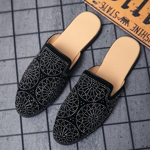 Mens fashion design casual shoes party dress Rhinestone breathable flat shoes Italian rivet diamond slippers mens half shoes C
