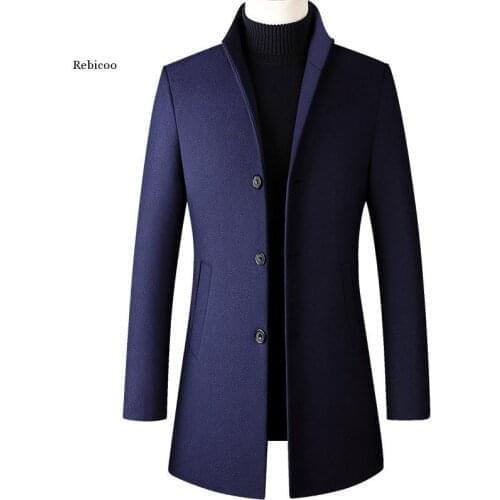 Winter 30% Wool Men Thick Coat Stand Collar, Male Fashion Wool Blend Outwear Jacket Smart Casual Trench Plus Size