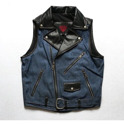 Mens Genuine Leather Denim Patchwork Motorcycle Biker Style Waistcoat/Vest Strong Breathable