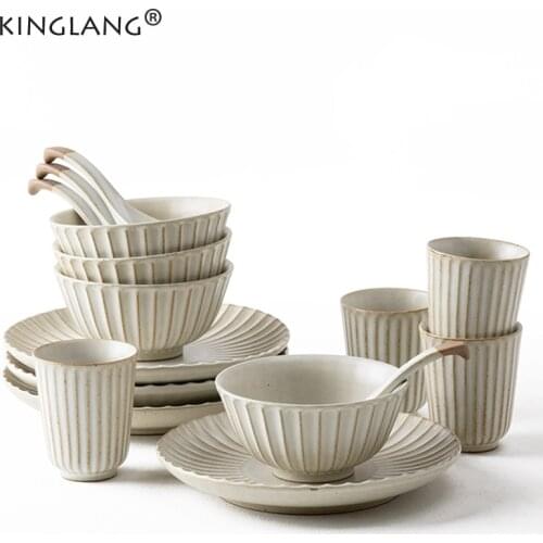 KINGLANG Retro Japanese Ceramic Dinner Set Porcelain Handmade Tableware set for Home Canteen Use