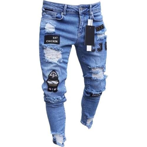 New Fashion Streetwear Mens Fashion Vintage Ripped Jeans Super Skinny Slim Fit Zipper Denim Pant Destroyed Frayed Trousers Cart