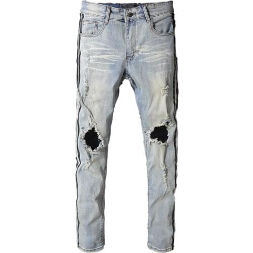New mens male trousers Summer slim fit jeans mens knee holes beggar denim pants light-colored social guy pants 5322