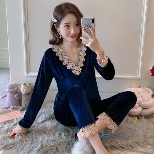 2020 Autumn Winter Long Sleeve Gold Velvet Pajama Sets Women Thick Warm Lace V-neck Sleepwear Pyjamas Suit Homewear Home Clothes