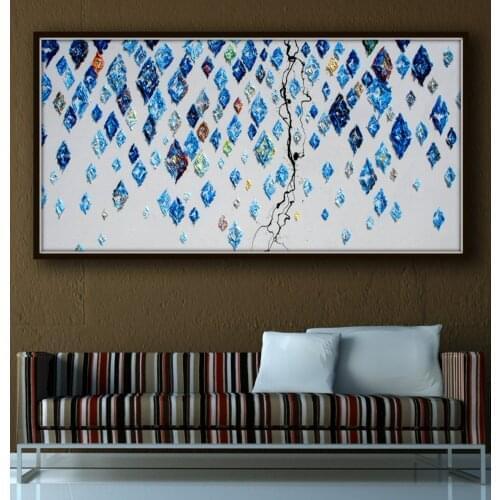 Falling Diamonds 55" Texture painting, thick oil layers, calming cold blue colors with touch of hot tones