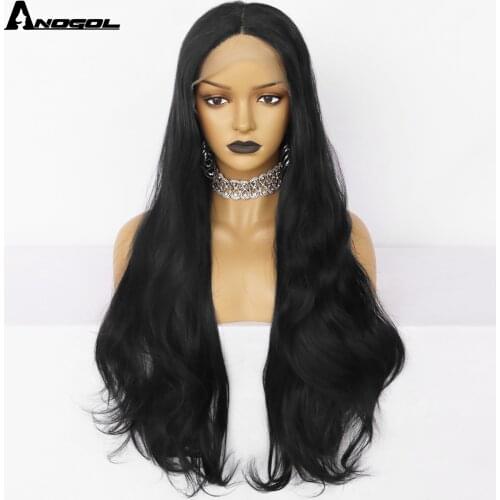 Anogol High Temperature Fiber Wig Natural Hairline Glueless Long Body Wave Black Synthetic Lace Front Wig with 13*1 Middle Part