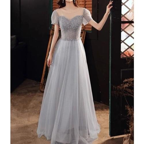 Luxurious Gray Bridesmaid Dresses O-Neck Luxury Beaded Sequins Short Sleeve Long Shiny Wedding Formal Party Prom Gowns New 2021