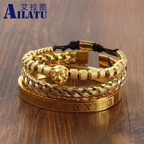 Luxury Stainless Steel Lion Head Bracelet Roman Number Bangles Men Friendship Jewelry Sets Free Logo Print Service Drop Shipping