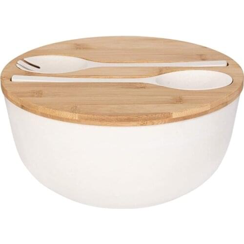 Bamboo Fiber Salad Bowl with Server Set Mixing Bowl Pure Bamboo Salad Wooden Bowl with Bamboo Cover Spoon
