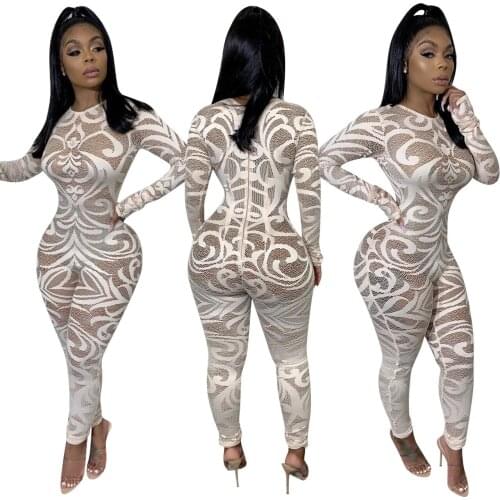 In Stock 2020 Sexy fitness pattern print long sleeve white transparent bodycon clubwear jumpsuit