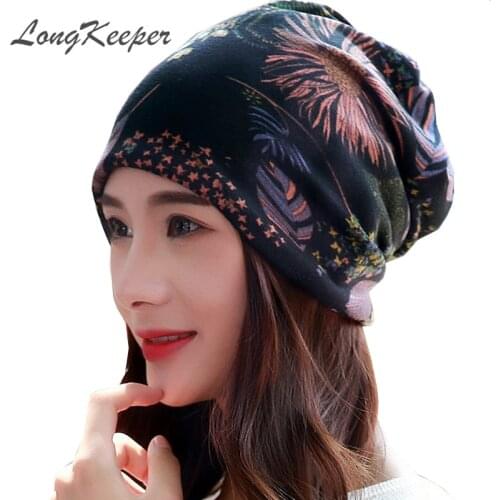 LongKeeper New Women Hat Polyester Adult Casual Floral Womens Hats Spring Autumn Female Cap Scarf 3 Colors Fashion Beanies