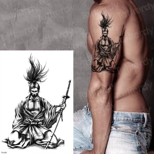 Japanese samurai tattoos black sketches tattoo designs temporary tattoos for men arm sleeve shoulder temporary tattoo sticker